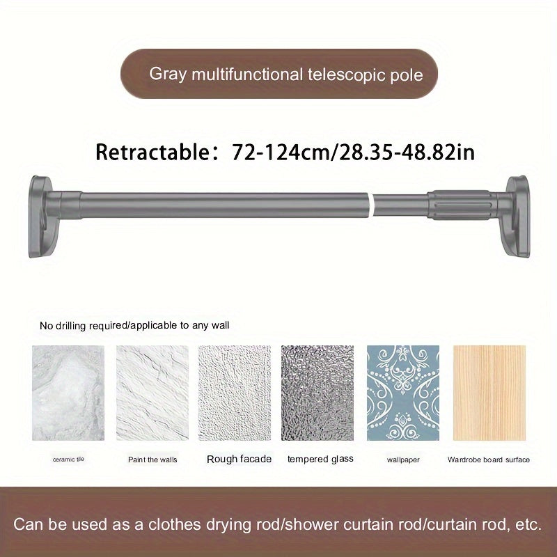 25 square head tubes, telescopic rod with adjustable tension, plastic base with stainless steel tube. Available in silvery, black, white, and gray. Versatile rod for shower curtain, wardrobe, clothes drying, curtain, door curtain. Suitable for bathroom