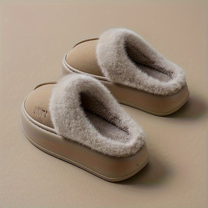 Cozy winter plush slippers for men and women with soft fabric lining, non-slip sole, machine washable. Available in beige and gray with white fur trim. Perfect for indoor comfort.