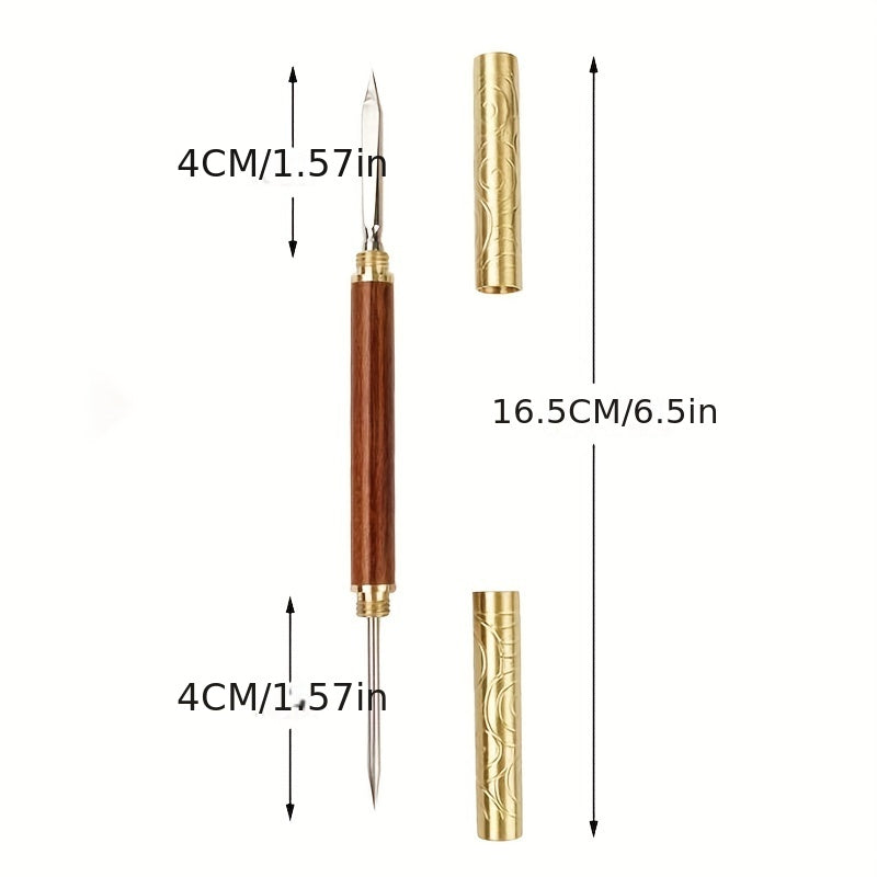 Sandalwood and Rosewood Double-headed Ruyi Tea Knife with Golden Hoop and Warping Tea Knife, Sandalwood Tea Needle