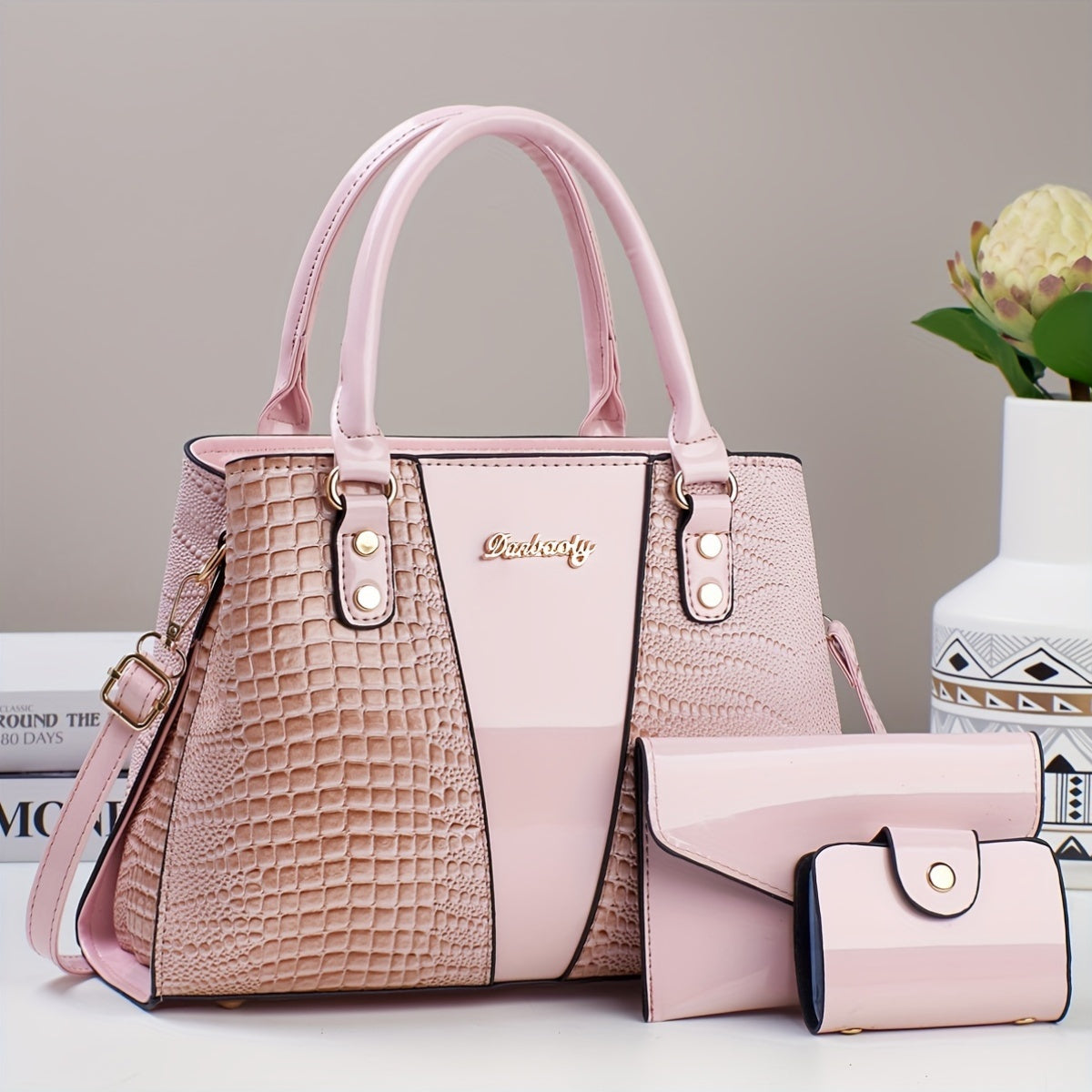 3-piece PU handbag set with crocodile pattern, large capacity crossbody bag, coin purse, card holder, lightweight shoulder bag with sequins and zipper closure