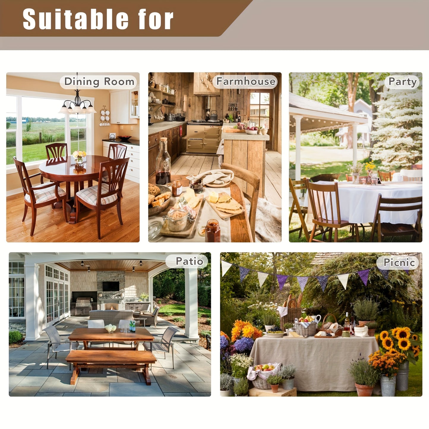 Beige waterproof polyester tablecloth for various occasions, including picnics, holidays, camping, weddings, birthdays, parties, and restaurant buffets, as well as for home kitchen and dining table decor.