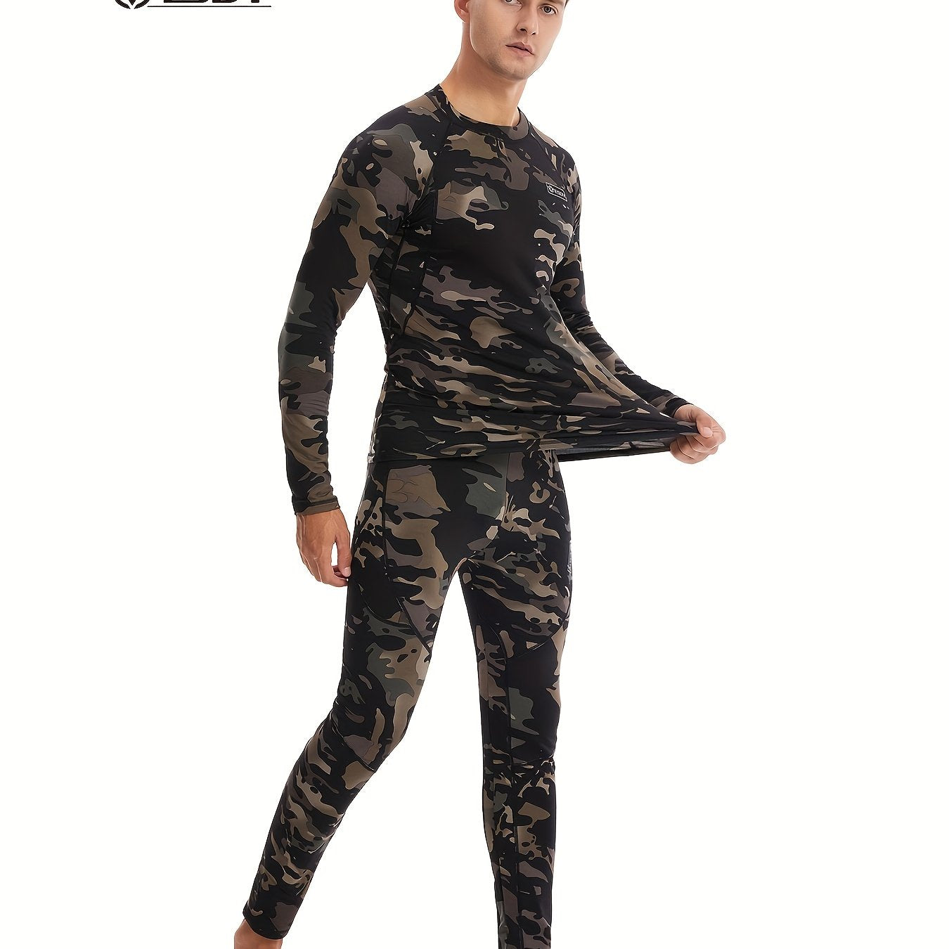 ESDY Men's Camouflage Thermal Underwear - 90% Polyester 10% Spandex, Long Sleeve Crew Neck, Skinny Fit, High Stretch Knit Fabric, Solid Color, for Hiking & Outdoor Activities, Fall/Winter