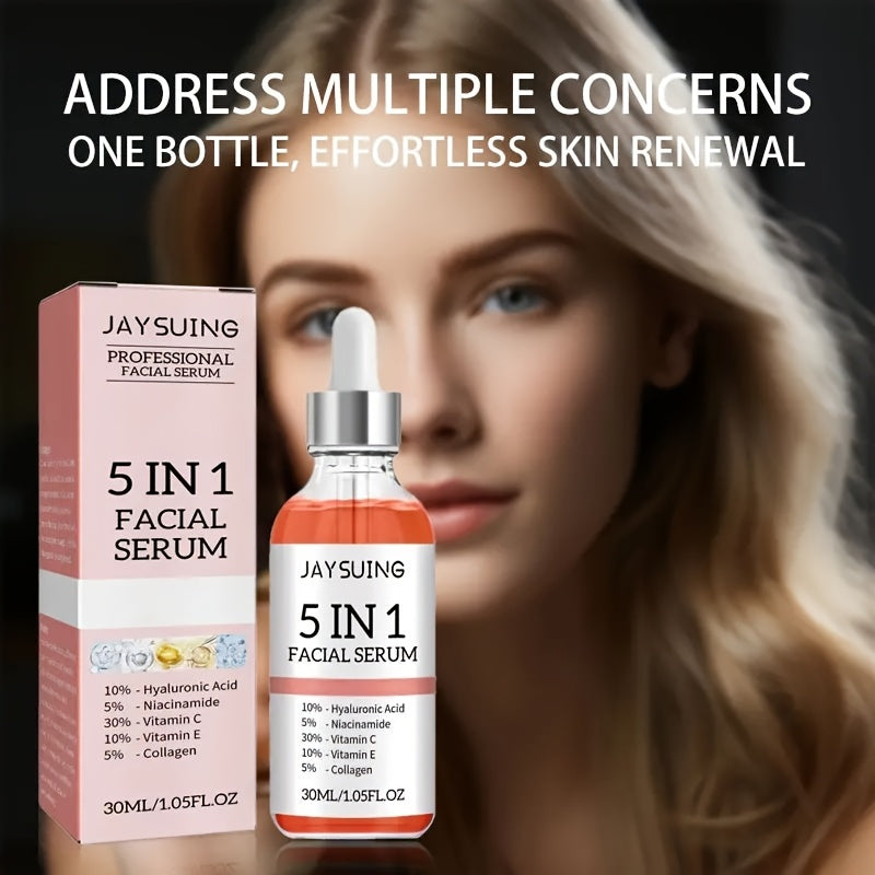 2pcs JAYSUING 5-in-1 Facial Serum with Hyaluronic Acid, Collagen, Niacinamide, Vitamin C & E. Controls oil, minimizes pores, and moisturizes all skin types. Hypoallergenic. 30ml each.