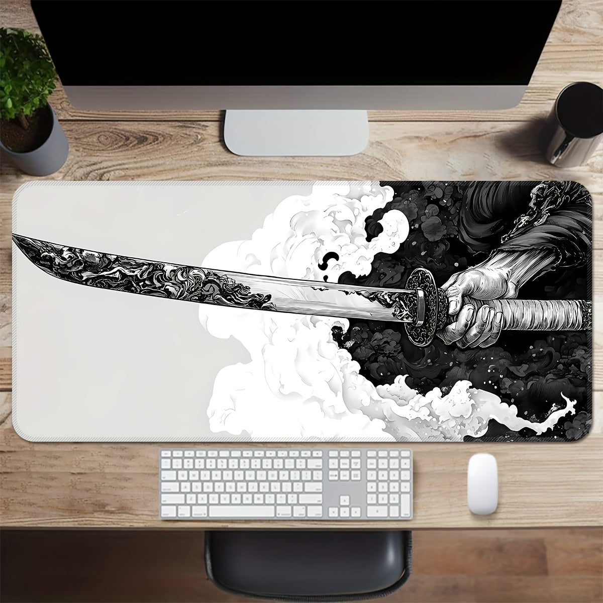 XL Gaming Mouse Pad with Sword Design, Non-Slip Base, Washable, for eSports & Office Use.