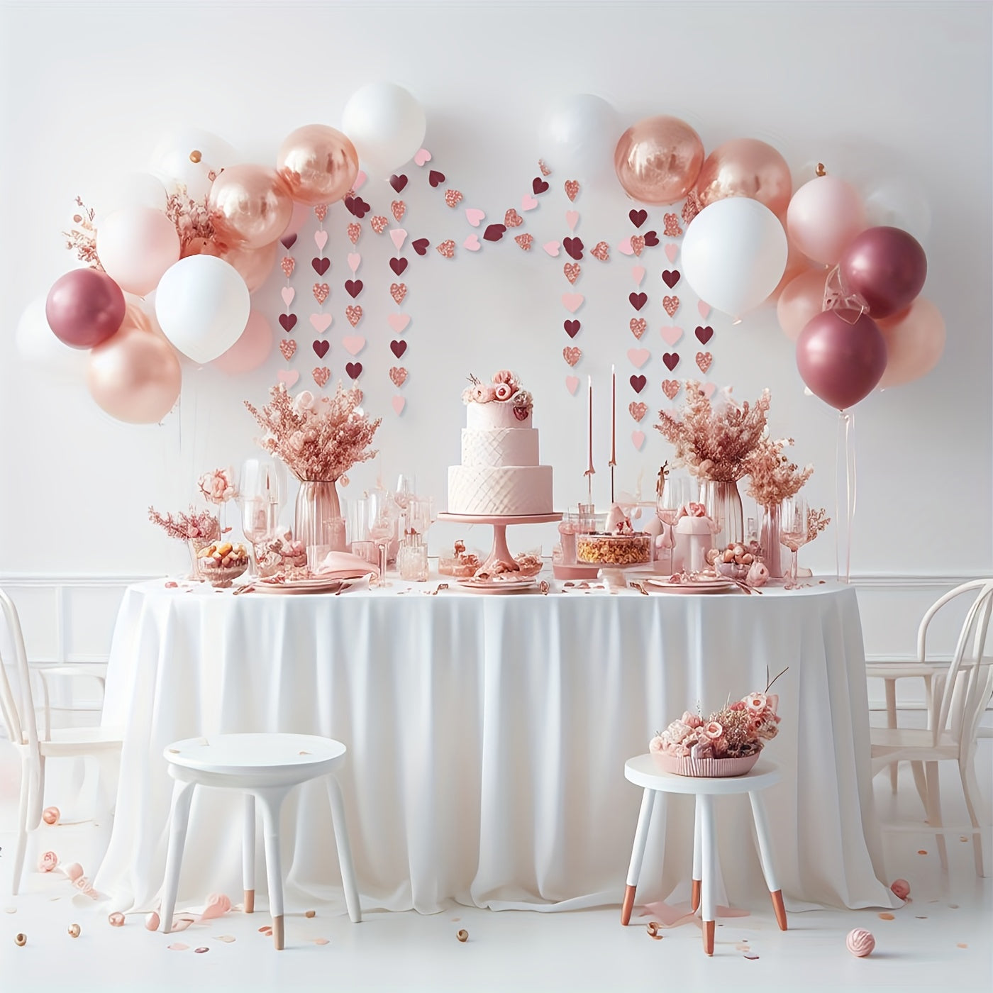 Rose-gold, pink, and burgundy Valentine's decorations featuring paper heart streamers, perfect for engagements, Mother's Day, weddings, anniversaries, bridal showers, birthdays, or Galentine's Day celebrations.