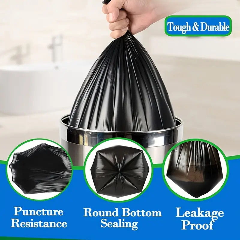 100 pieces of 4 rolls of black garbage bags designed for household use. These flat mouth plastic bags are suitable for use in the kitchen, bedroom, living room, yard, and toilet. They have strong load-bearing capacity and offer excellent privacy.