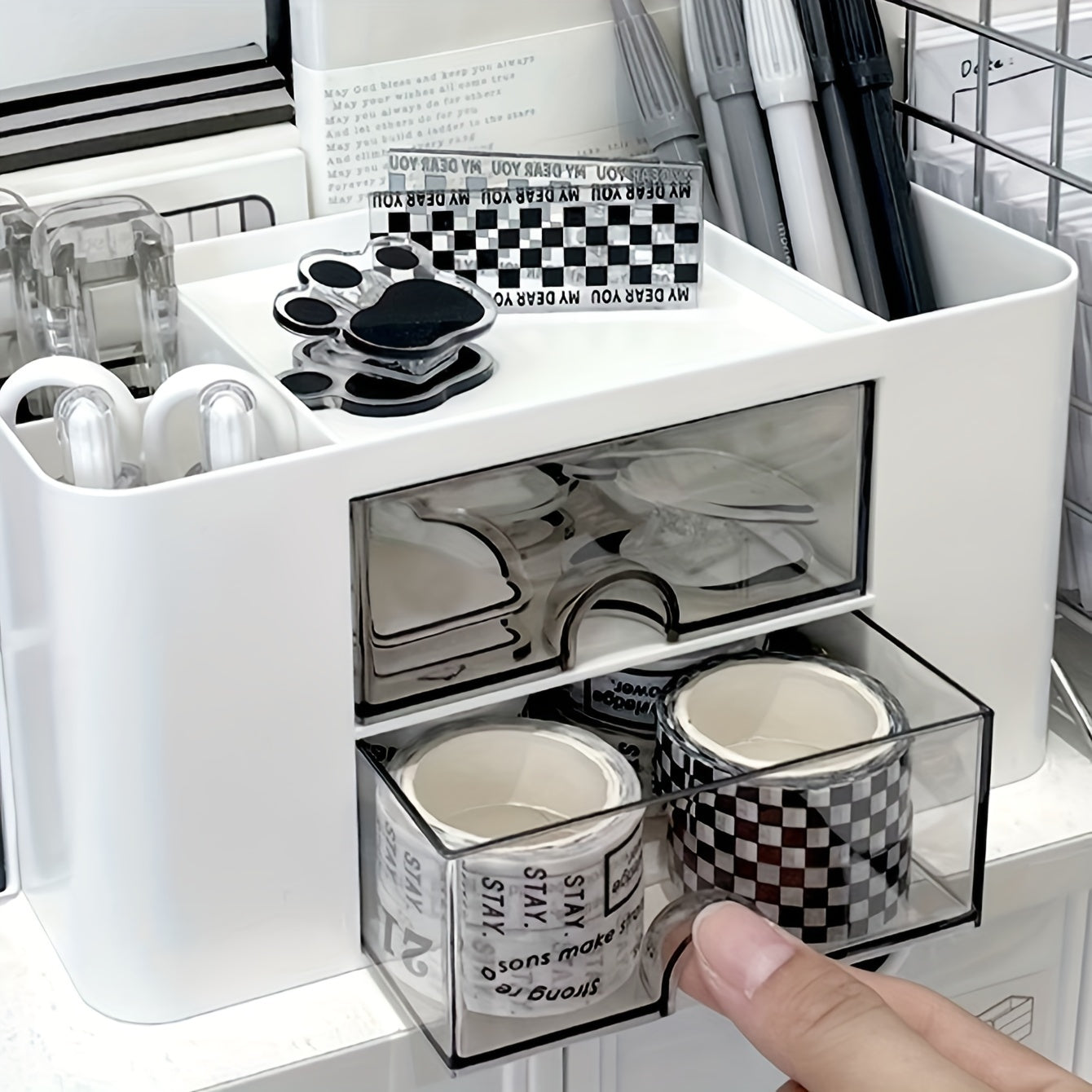 Desktop storage with drawer and pen holder, high-capacity and aesthetic, perfect for student stationery organization.