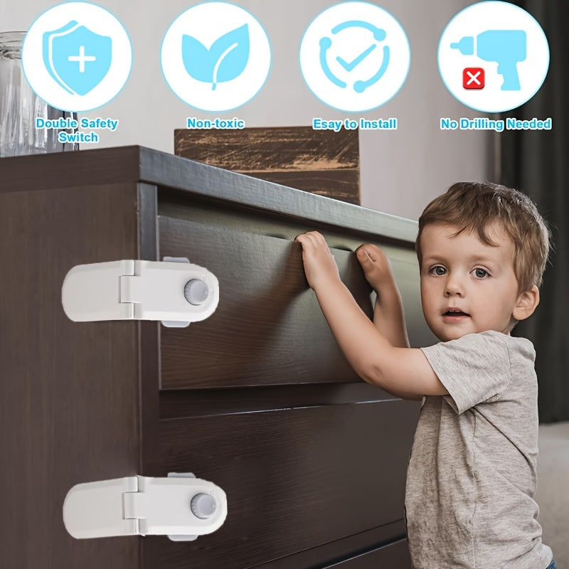 Two child safety drawer locks, right angle locks, cupboard locks, baby proof multifunction locks, baby safety locks, and fridge protection locks.