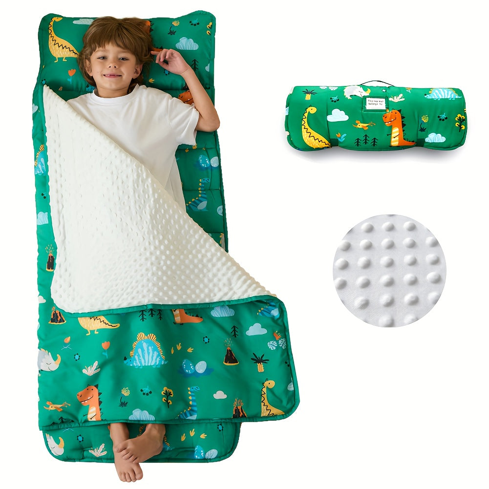 1 piece of BEEWEED Dinosaur Print Nap Mat including Pillow and Blanket, made of Polyester Sleeping Bag. It is Foldable & Portable, Moderately Soft, Non-Washable, suitable for Daycare, Travel, Camping, for children aged 3-6 Years. This would make an Ideal