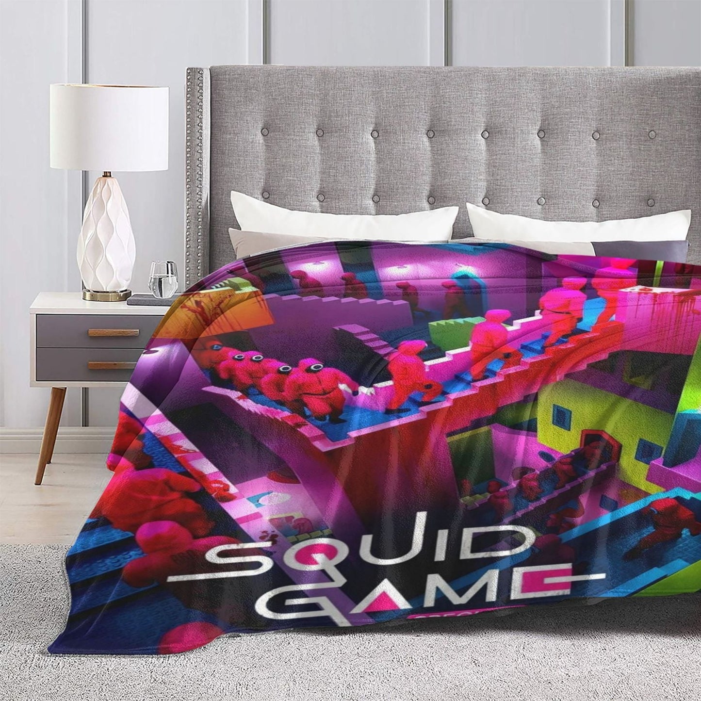 Squid Game-Inspired Printed Flannel Blanket - Modern Design, High-Quality Digital Print, Made with Knitted Polyester, Lightweight 250-300gsm, Versatile for Sofa, Bed, Travel, Camping, or Office - Easy Care Machine Washable, Provides All-Season Comfort