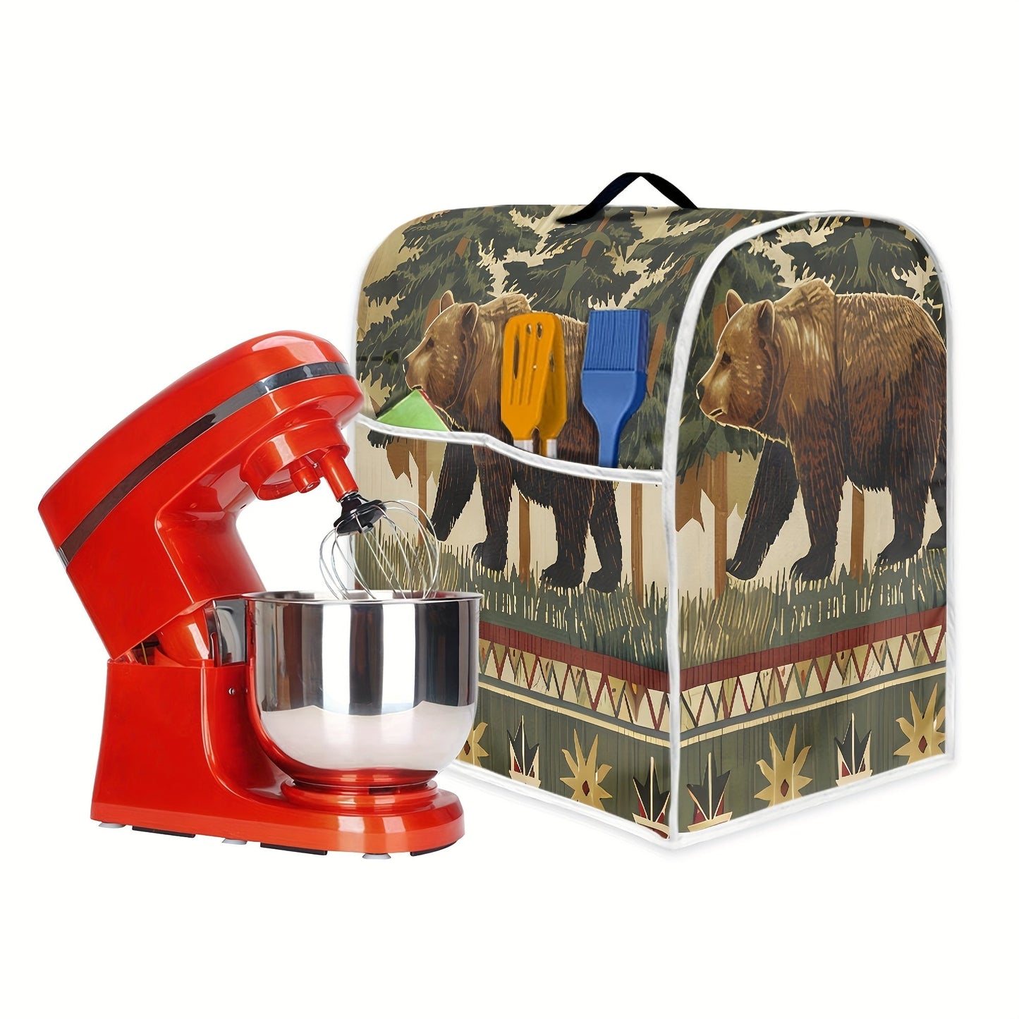 Protect your 6-8 quart stand mixer with this rustic jungle bear print dust cover. This protective cover features an accessory pocket and top handle for convenient storage and transport. Ideal for use in the kitchen or dining room.