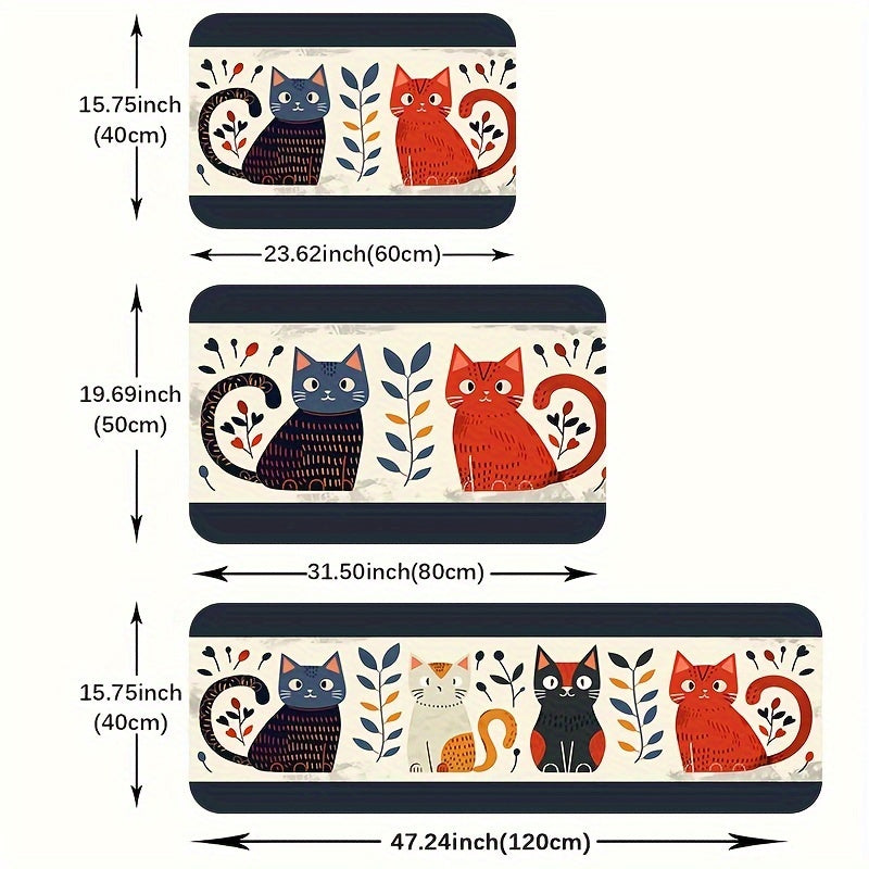 Set of Cat Print Decorative Doormats Ideal for Kitchen, Living Room, and Bathroom - Made from Hand Washable Polyester Material, Non-Slip Design, Waterproof and Anti-Slip Features