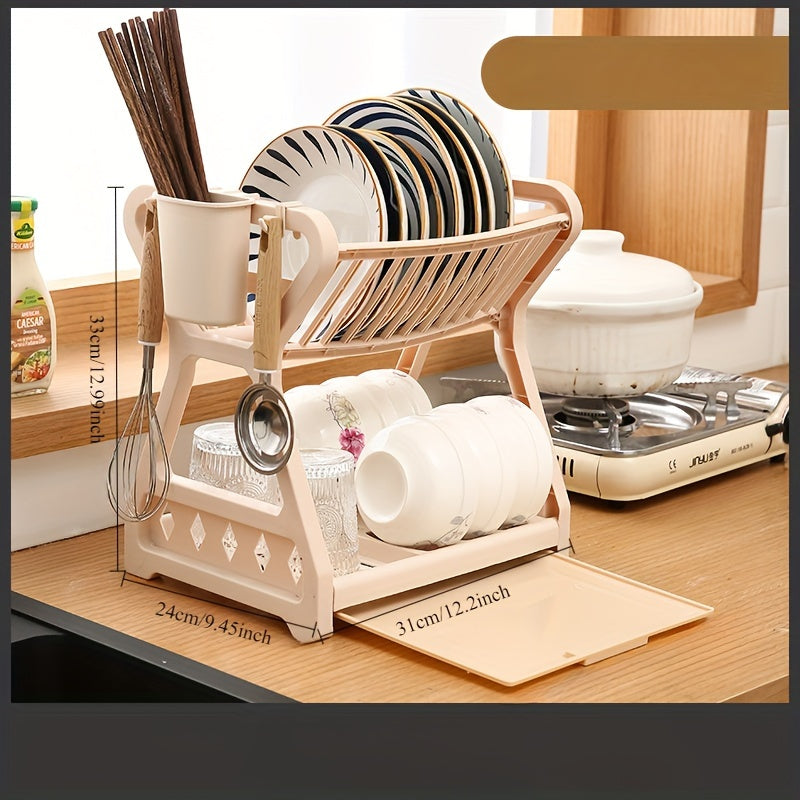 Kitchen Counter 2-Tier Compact Plastic Sink Dish Drying Rack with Drip Tray Set, White Stainless Steel Tube Small Dish Drainer Strainer Utensil Rack