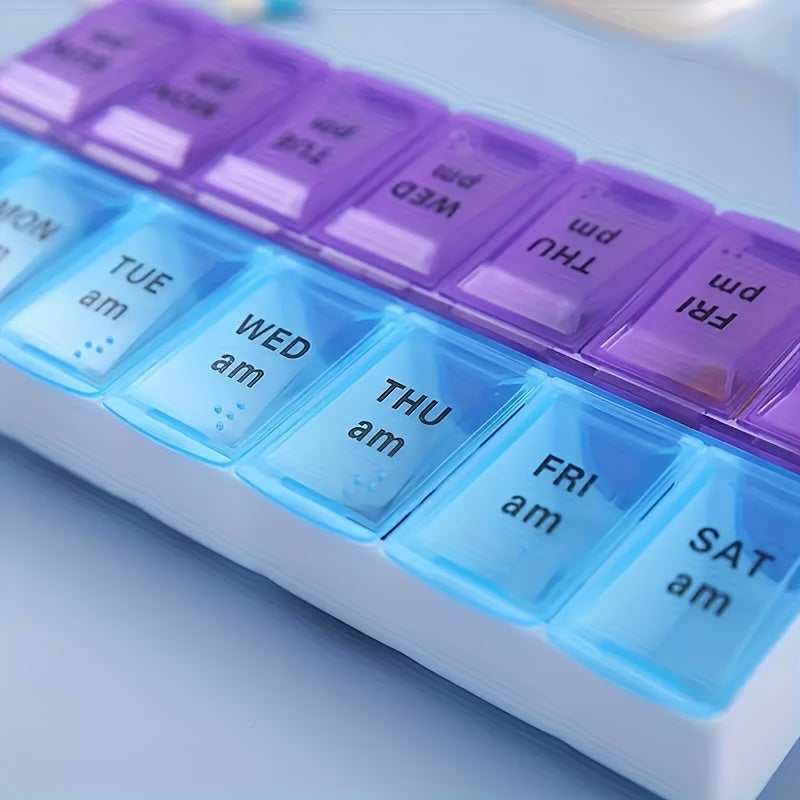 Portable 7-day pill organizer with dual-color compartments made of plastic.