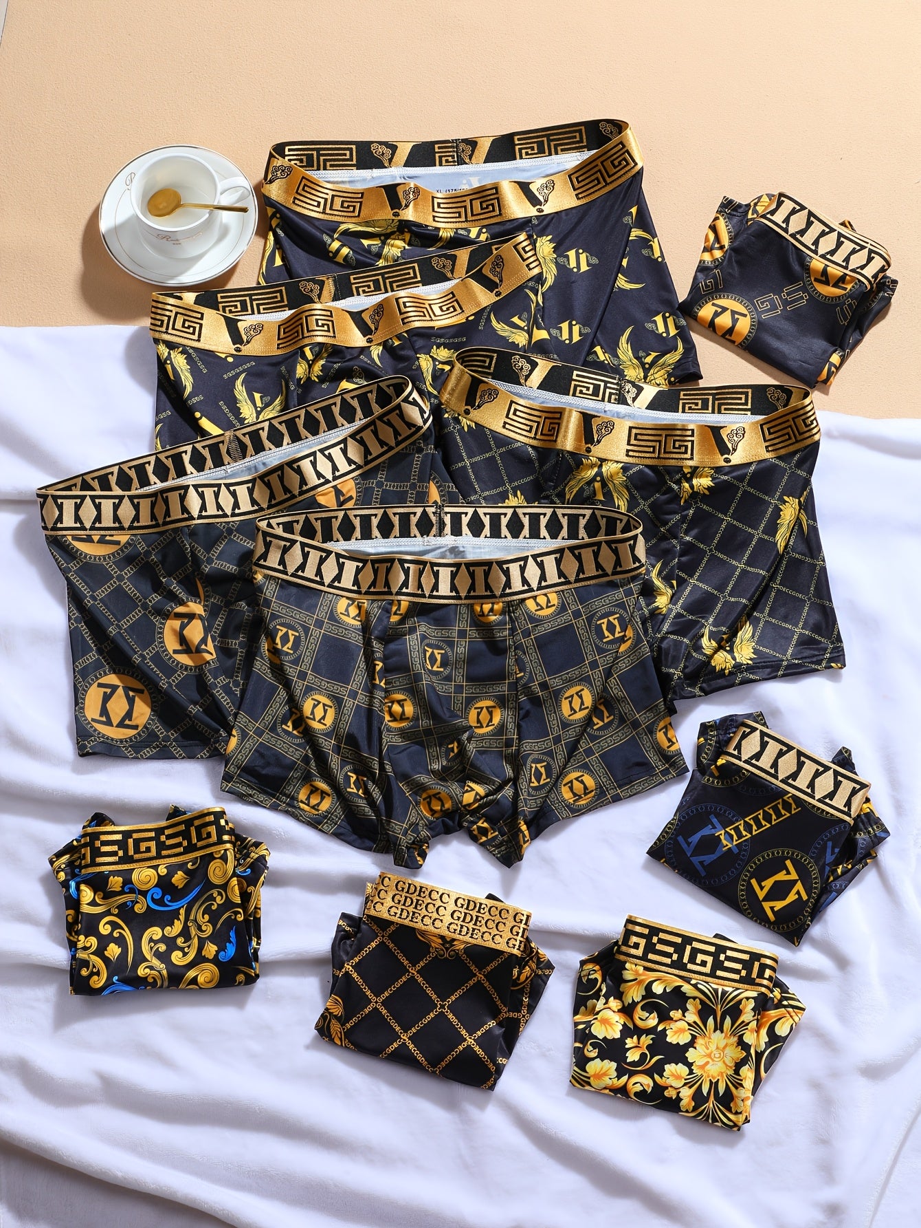 Various 1/5 Black and Golden Gift Boxes featuring Summer lightweight, comfortable, breathable quick-dry fabric with Black and Golden Leopard Rainbow Chain Designs on Men's Boxer Briefs.