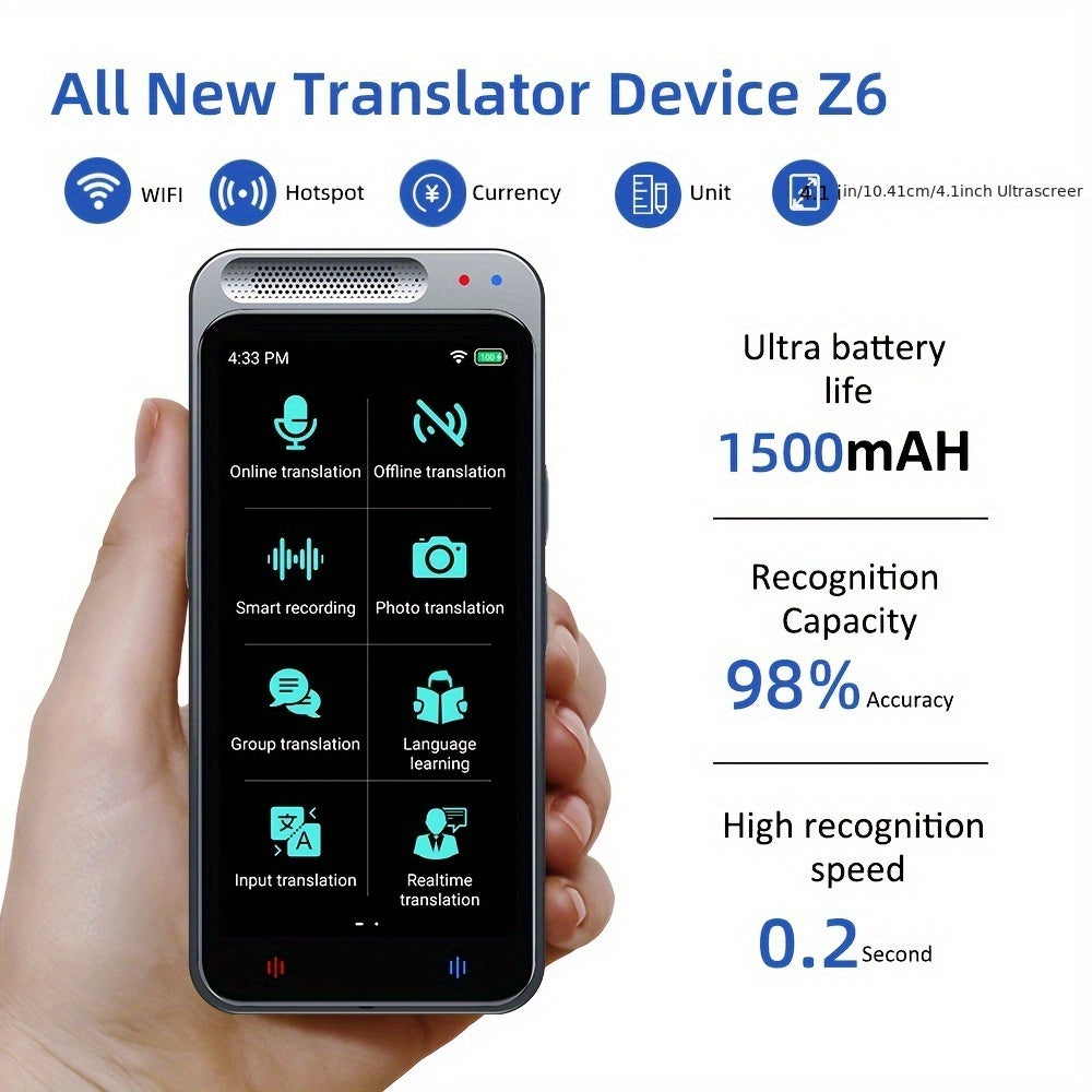 VORMOR Smart Language Translator Device offers voice and photo translation in 138 languages. It has offline and online capabilities, a rechargeable battery, WiFi/hotspot connectivity, and