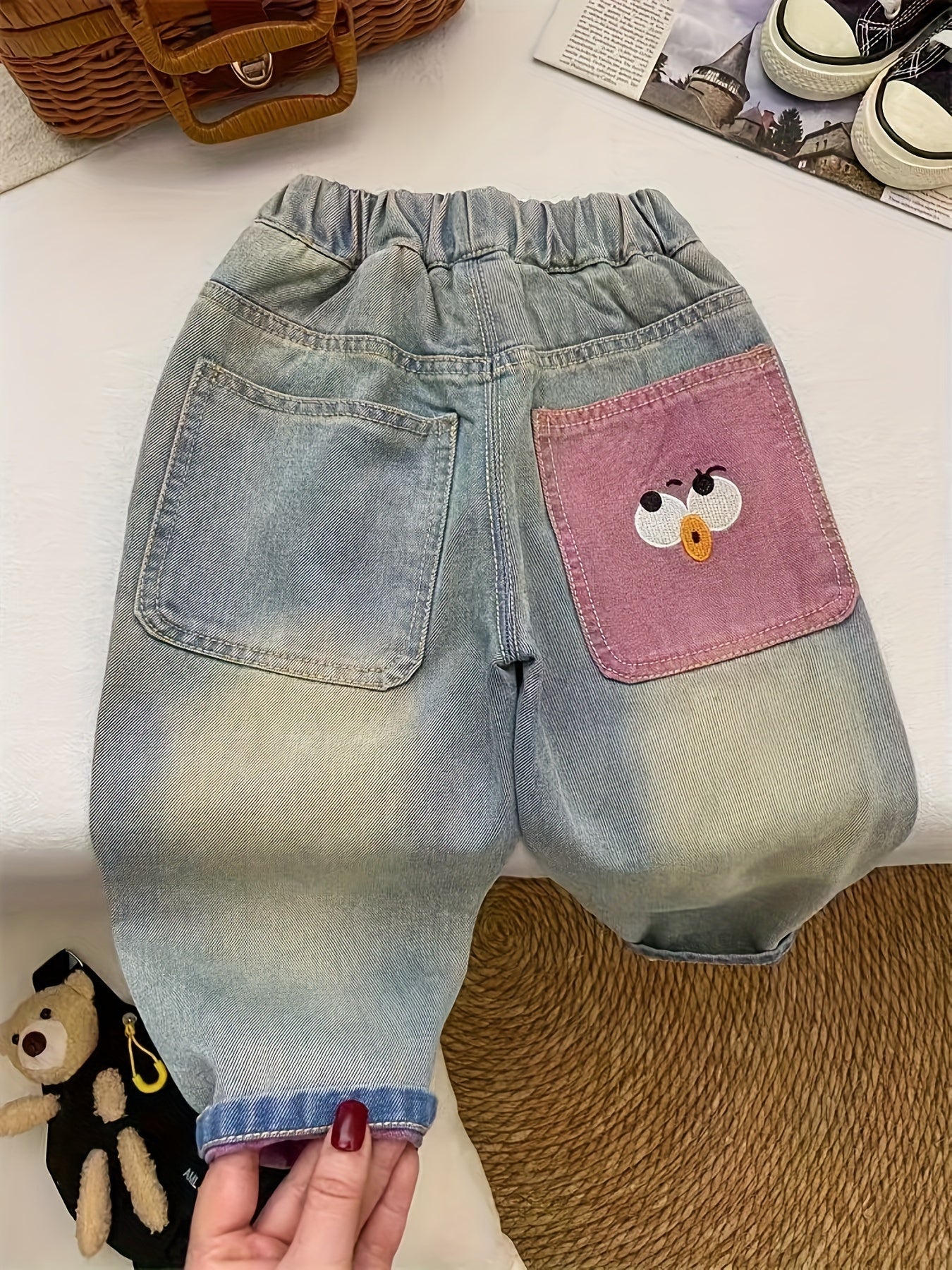 Cute cartoon print denim jeans for girls - comfy loose fit, machine washable, perfect for spring/fall