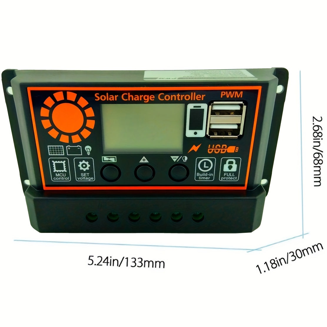 Black Solar Panel Battery Intelligent Regulator with Dual USB Port 12V/24V PWM Auto Parameter Adjustable LCD Display, 1pc 30A Solar Charge Controller