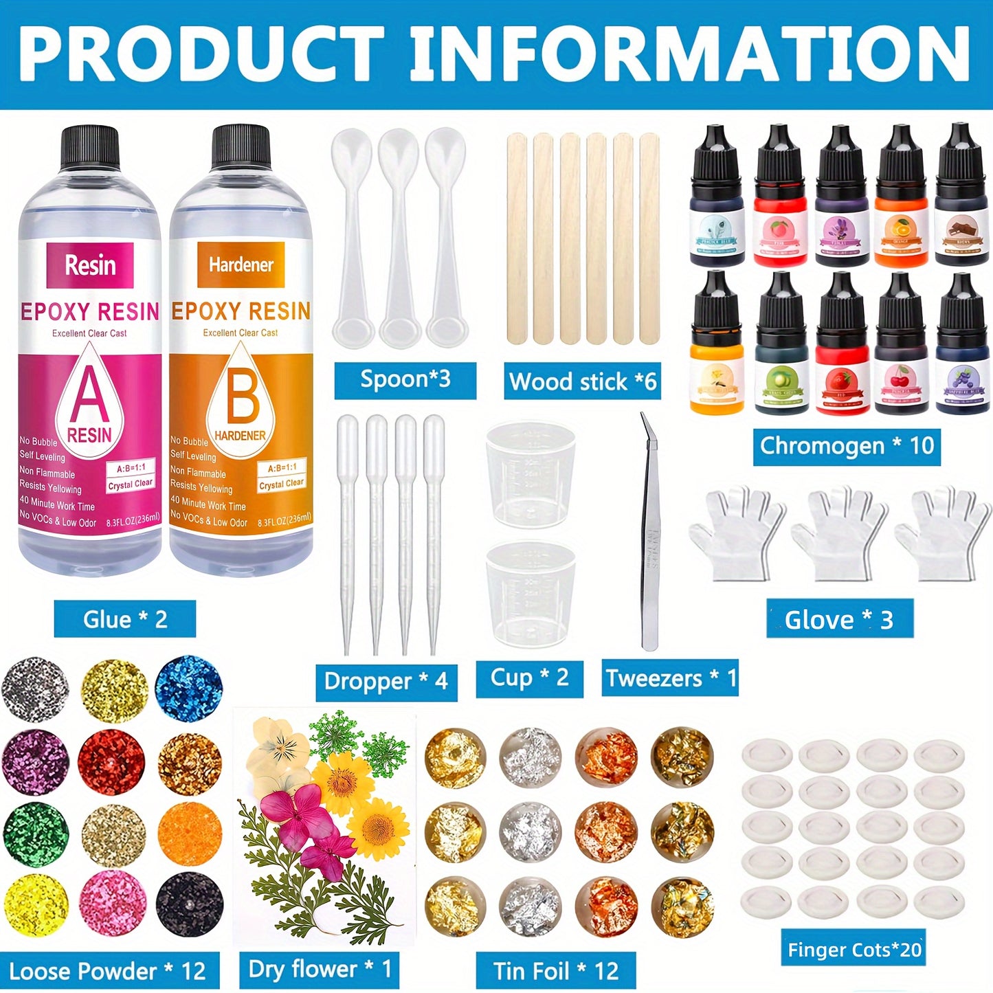 Набор эпоксидной смолы для начинающих с 512 мл прозрачной отливочной смолы, соотношение 1:1, нетоксичный УФ-резиновый набор с цветами, блестками, сухими цветами, инструментами для изготовления ювелирных изделий, брелоков и художественных поделок.