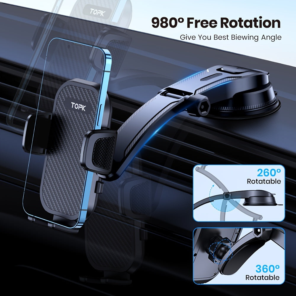 Upgraded TOPK car dashboard phone holder fits all phones, adjustable vertically and horizontally.