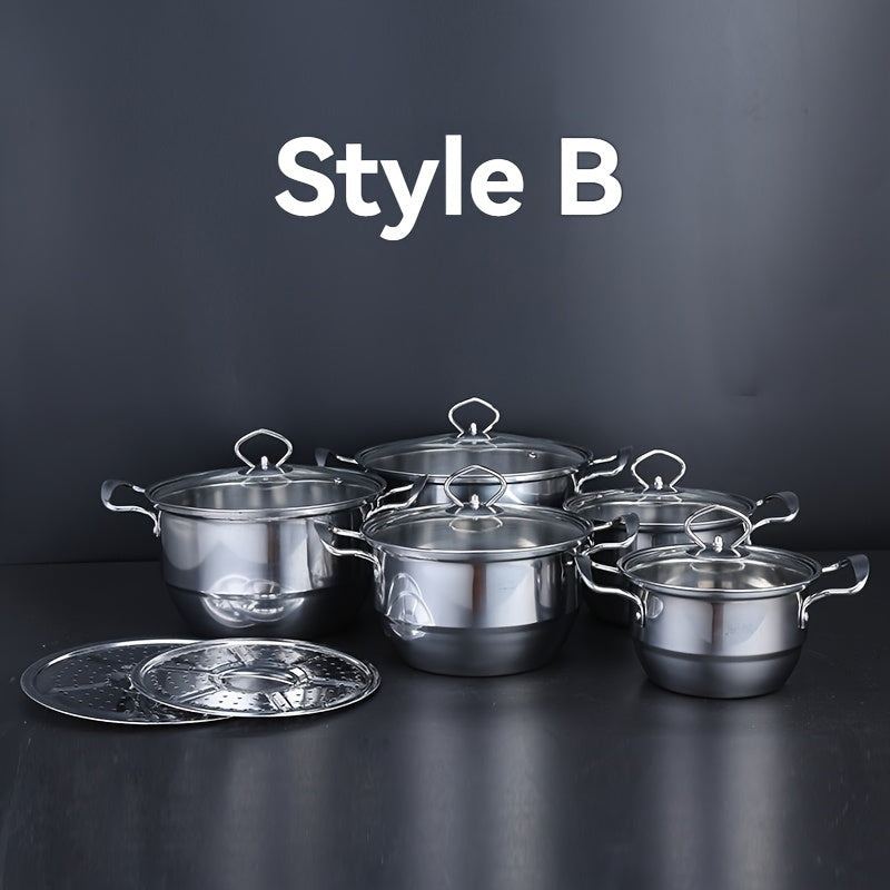 Stainless Steel Kitchenware Set Including 12 Pieces of Basic Cookware with Steamer, Frying Pan, and Soup Pot. Compatible with All Stoves, Perfect for Outdoor Camping. Silvery Finish.