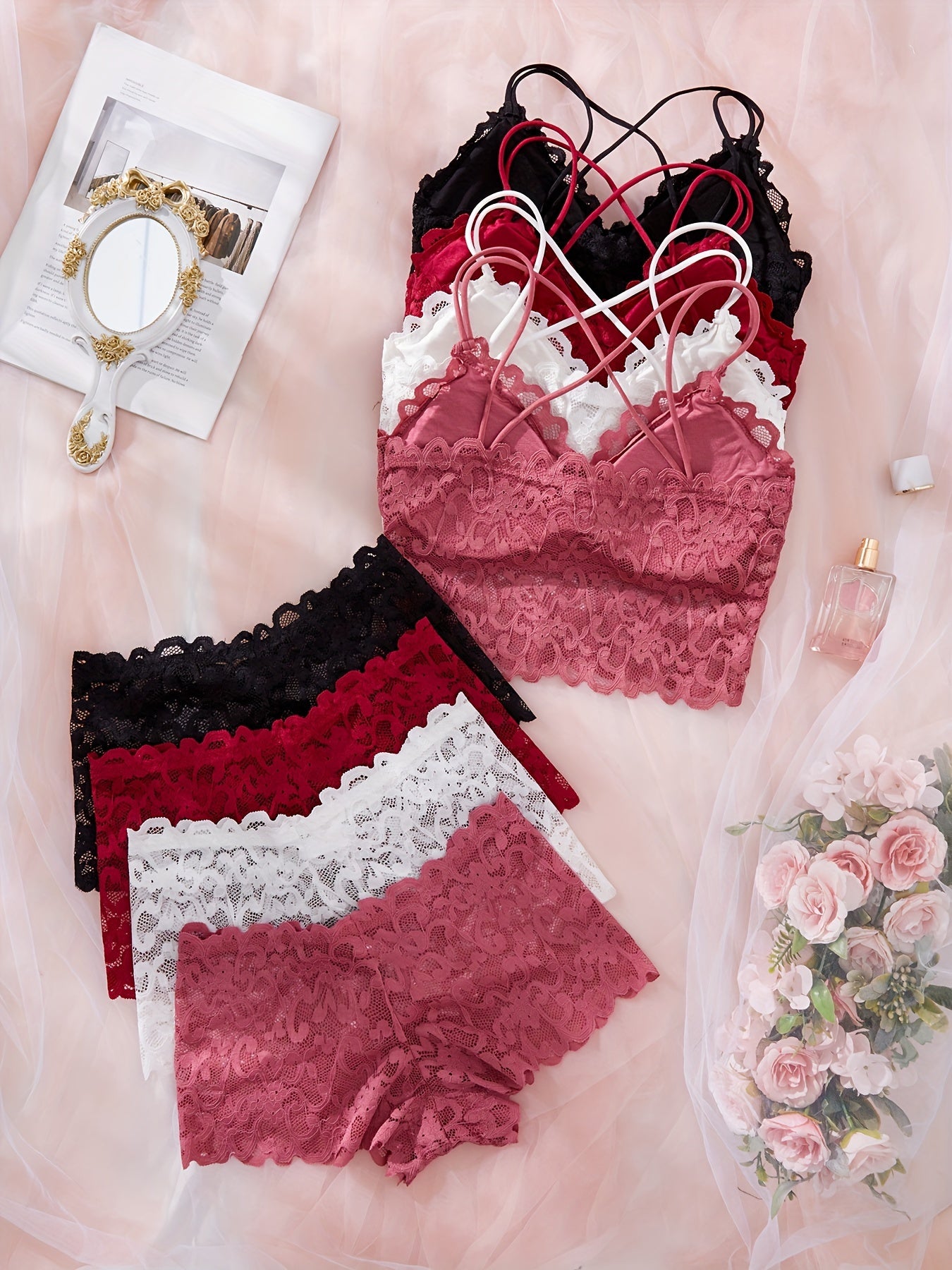 4-Pack of lace lingerie set for women, including solid color bralette and boyshorts without underwire. Made of knit fabric. Ideal for adult females.