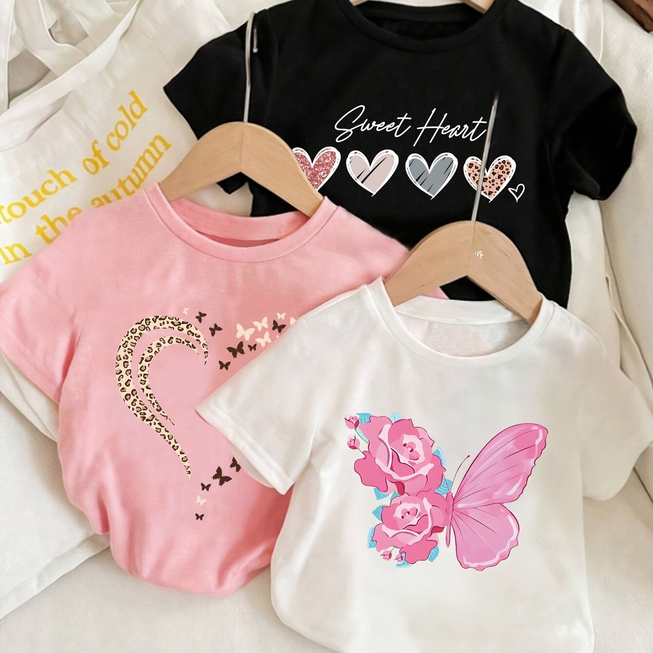 3pcs "Mother's Day" Girls' Casual T-Shirt with Leopard Print, Love Letter, and Butterfly Print