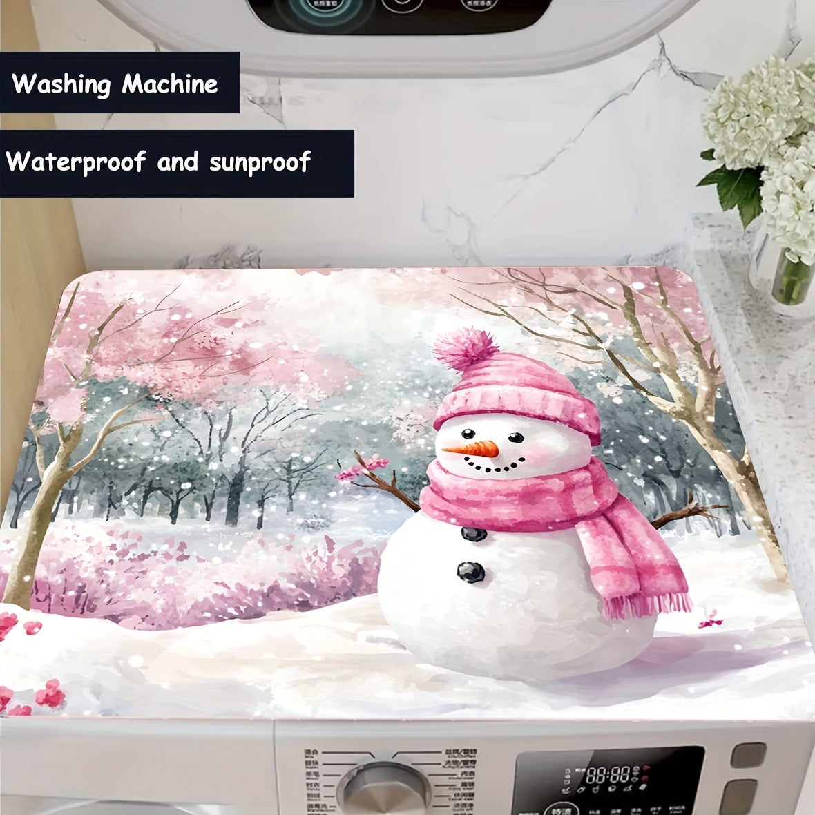 Keep your washing machine clean and festive with this 1-piece dust cover featuring a pink snowman and cherry blossom winter scene. This cover is quick-drying, absorbent, and non-slip, providing protection for your appliance and adding a decorative touch