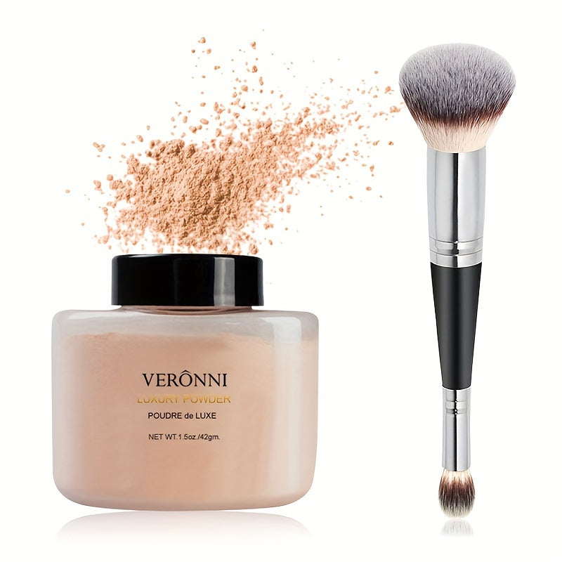 Oil control loose face powder sets foundation makeup with brush for a long-lasting, shine-free matte finish.