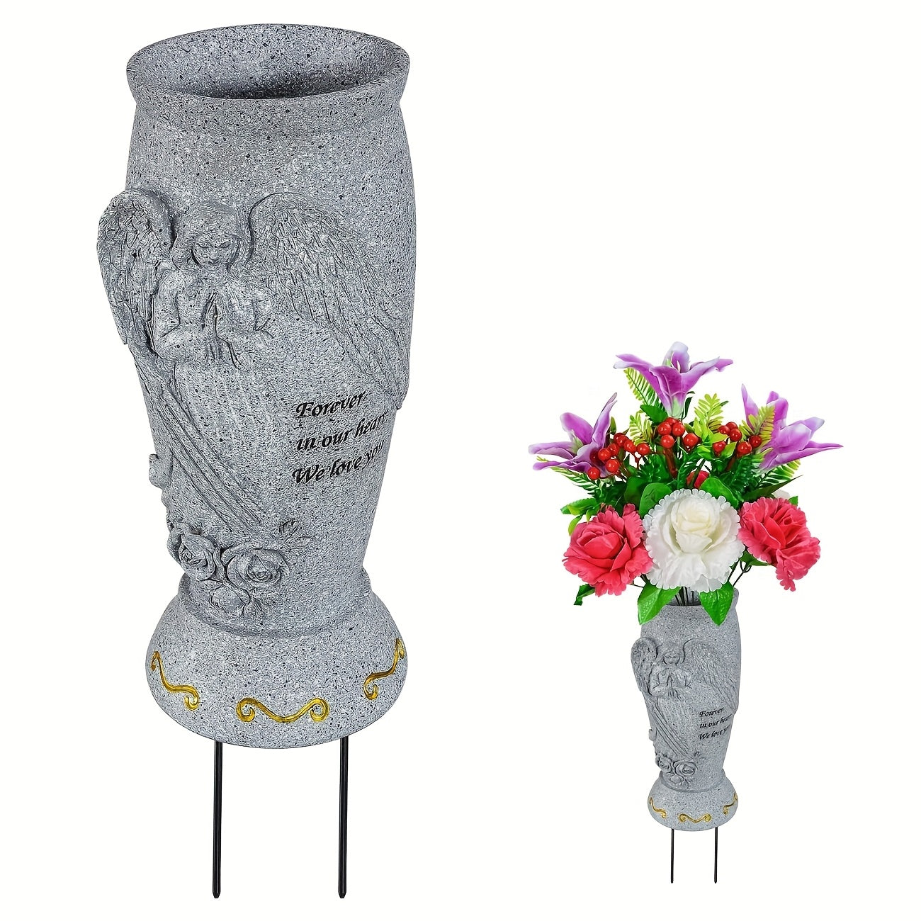 Elegant Angel Memorial Cemetery Vase with ground spikes for fresh or artificial flowers. Engraved with "Forever in Our Heart" design. Perfect sympathy gift for loved ones and Memorial Day