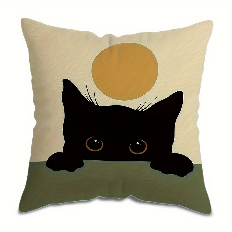 Contemporary Black Cat Design Double-Sided Throw Pillow Cover, 44.96x44.96cm, Abstract Modern Farmhouse Decorative Cushion Case with Zipper Closure for Couch, Patio, Living Room. Machine Washable - Made of 100% Polyester, Insert Not Included.