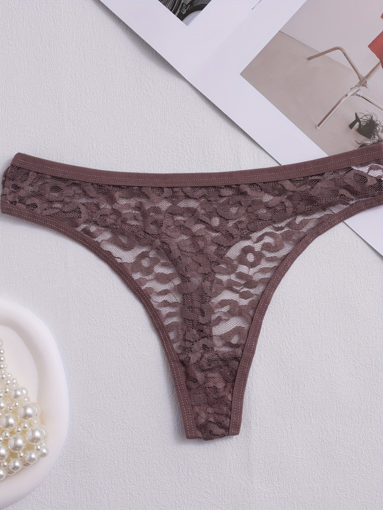 5 Solid Floral Lace Thongs, Sexy Breathable Women's Underwear