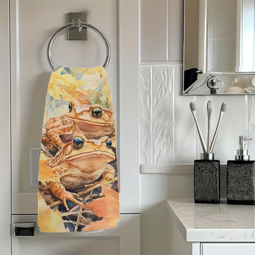 Set of 2 Ultra Soft Kitchen Towels featuring "Hopped Through the Garden" Toad & Autumn Leaves Design. These towels are highly absorbent, machine washable dish hand towels measuring 40.64x60.96 cm. Perfect for your holiday decor or as dish towels.