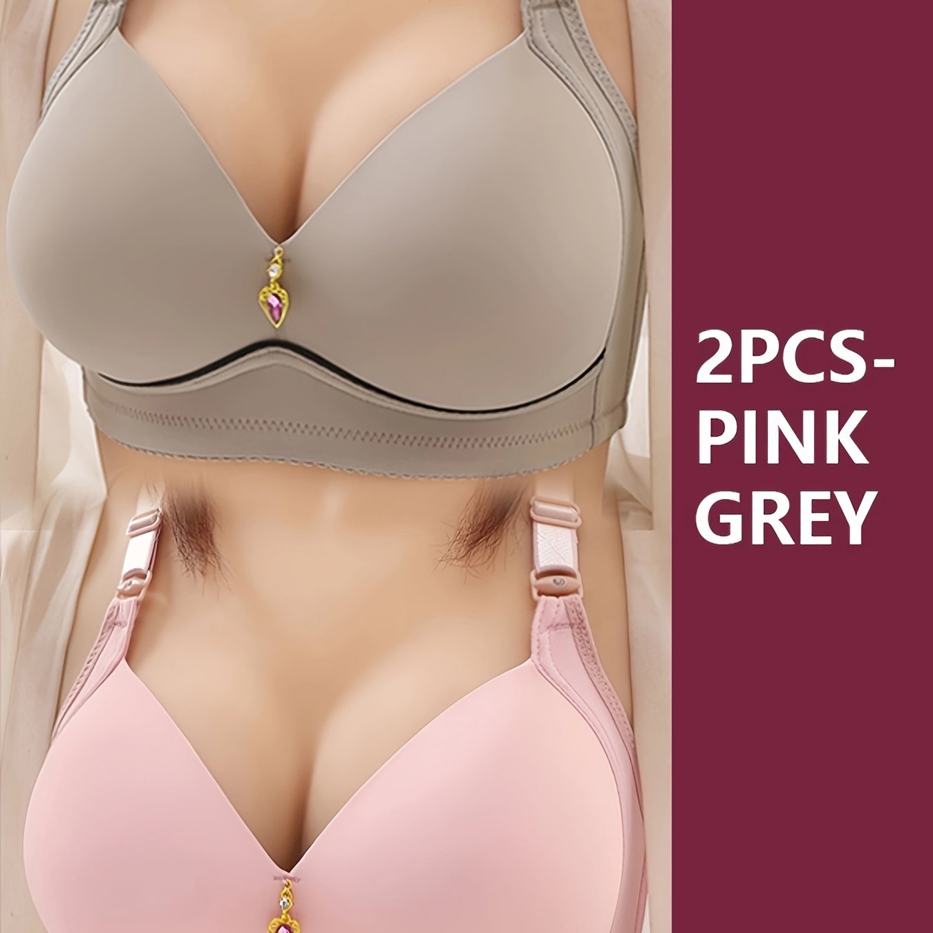 Two elegant push-up maternity bras featuring adjustable straps with a rhinestone closure, front zipper, and made of a comfortable polyester and elastane blend. Perfect for all-season wear.