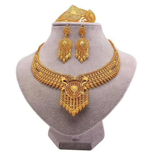 This luxurious jewelry set, consisting of a necklace, bracelet, ring, and two earrings, is exquisitely crafted for women in the Middle East, with a focus on Dubai. Perfect for wedding attire, this set is versatile and can be worn by brides from Europe