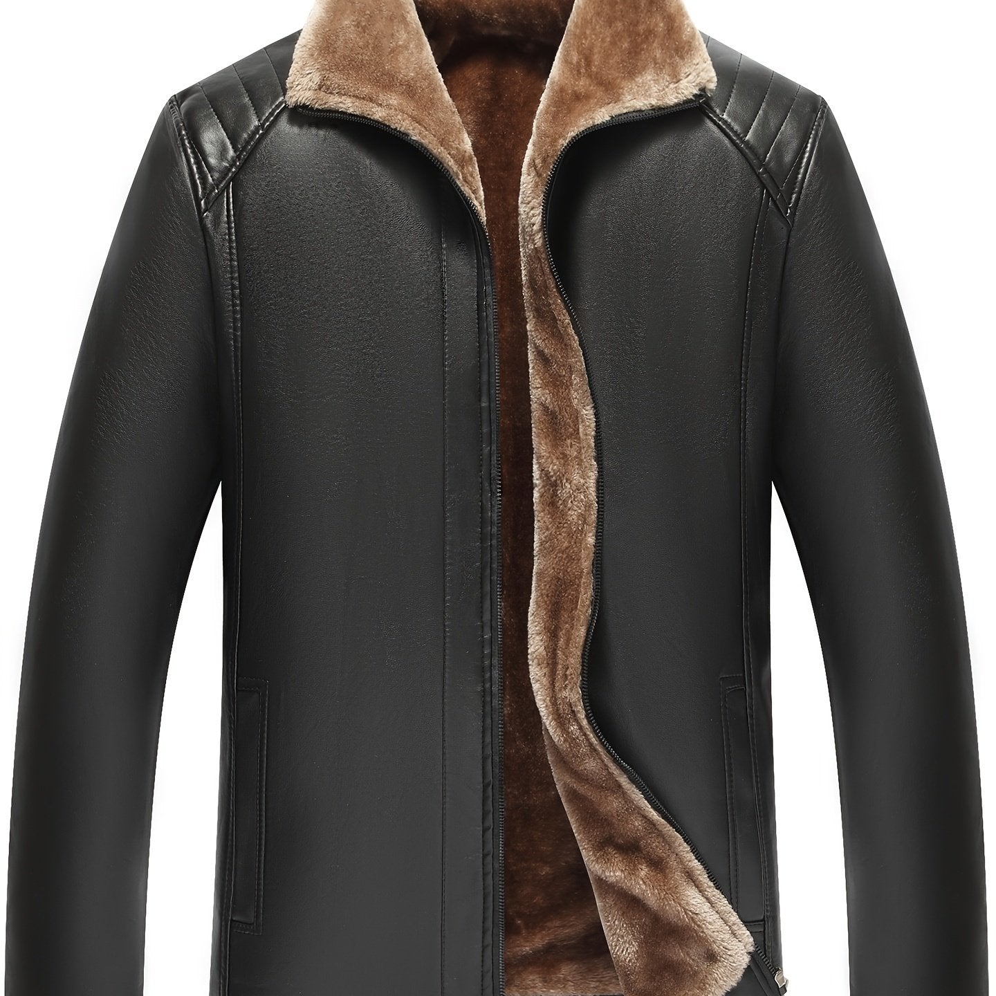 Men's stylish black winter coat with plush collar, zipper pockets, and fur lining. Slim fit and zipper closure. Hand or dry clean only. Classic pilot style jacket for fall.