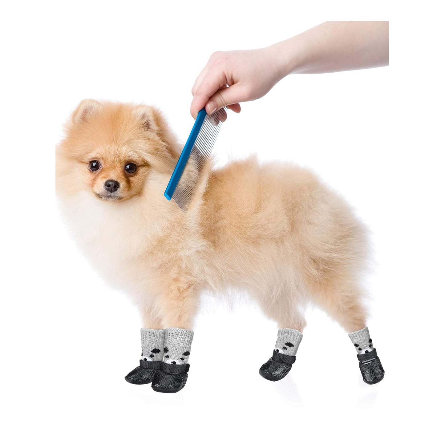 Waterproof dog socks with anti-slip rubber sole for all size pets, adjustable strap, durable polyester material. Perfect for outdoor use on hardwood floors. Reflective dog boots for safety.