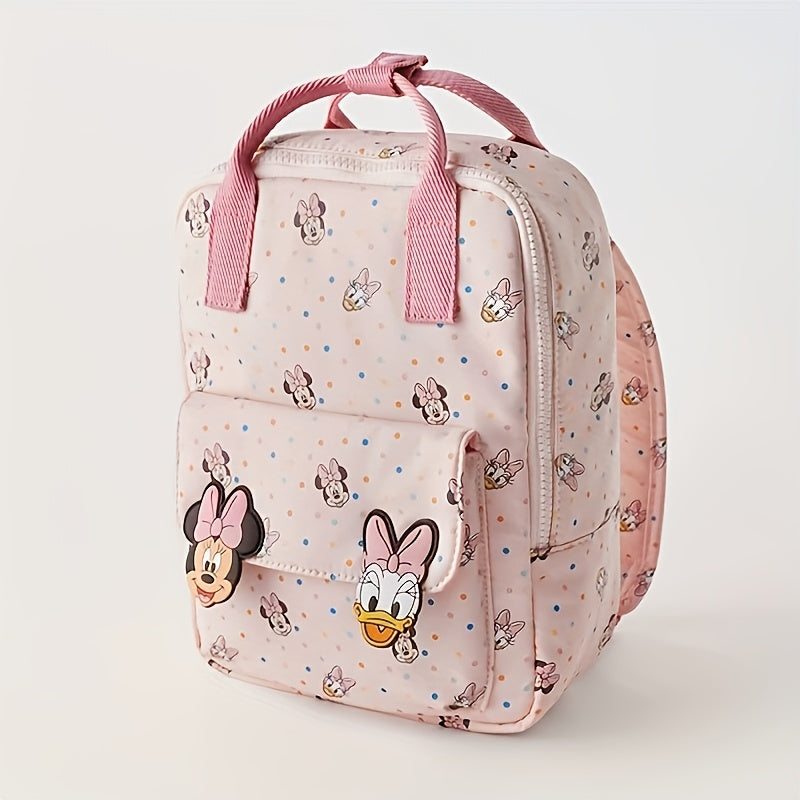 Women's pink Minnie Daisy printed backpack, made of lightweight polyester and canvas material.