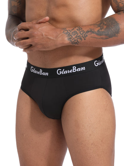 3 pack of men's underwear in dark gray, navy blue, and black with "GLAWNBAN" waistband, made of comfortable polyester blend. Stretchy, breathable, and supportive. Machine washable with