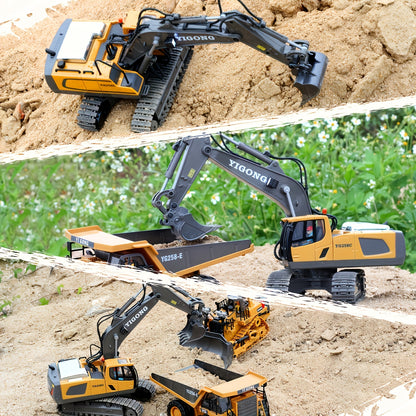 11-channel yellow remote control excavator toy for children aged 6-12. Durable metal construction with sand play capability. Includes rechargeable battery. Perfect outdoor engineering