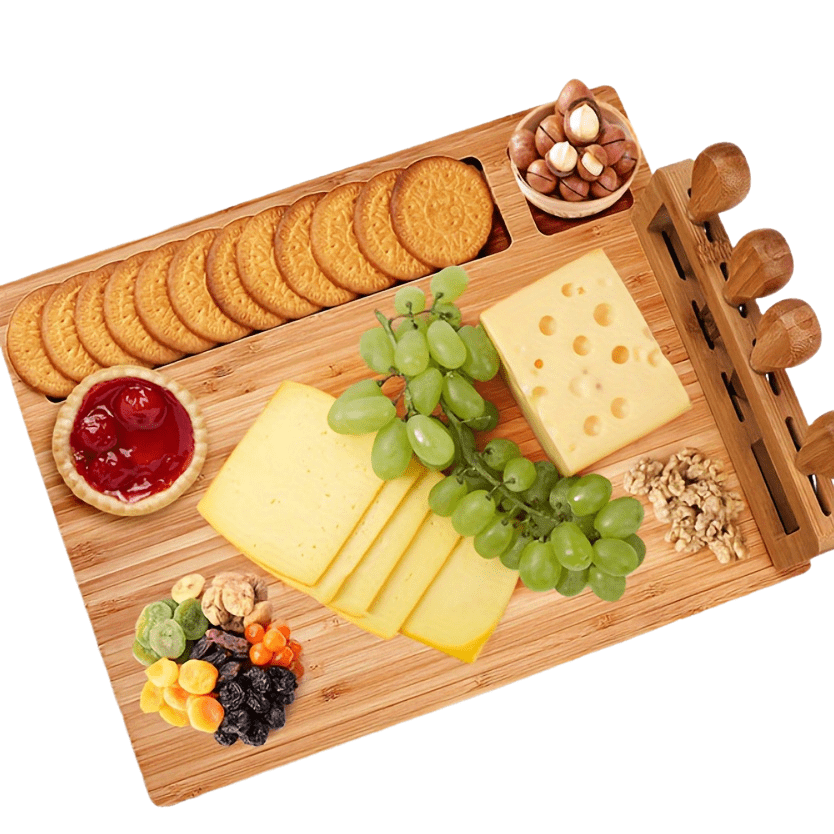 Versatile bamboo cheese board set with knife for festive occasions – perfect for serving cheese, fruit, and nuts.