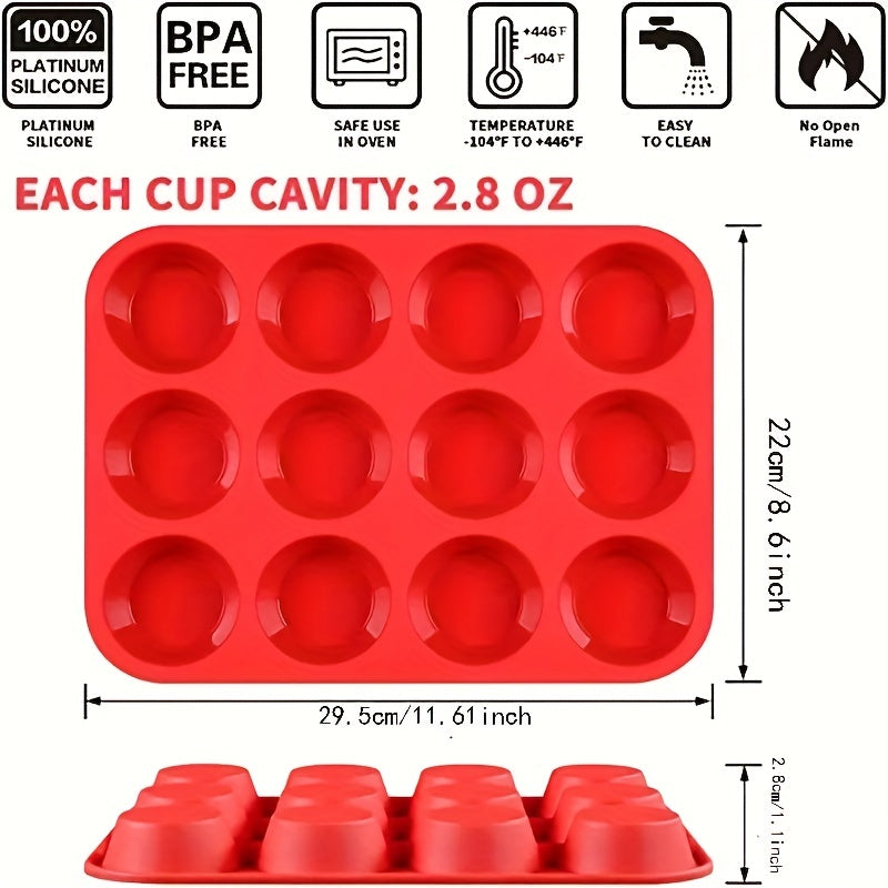 One piece of nonstick BPA free cupcake pan made from silicone, featuring 12 cups and measuring 32.51cm x 24.38cm. This regular size silicone mold is perfect for baking and a must-have kitchen gadget and accessory.