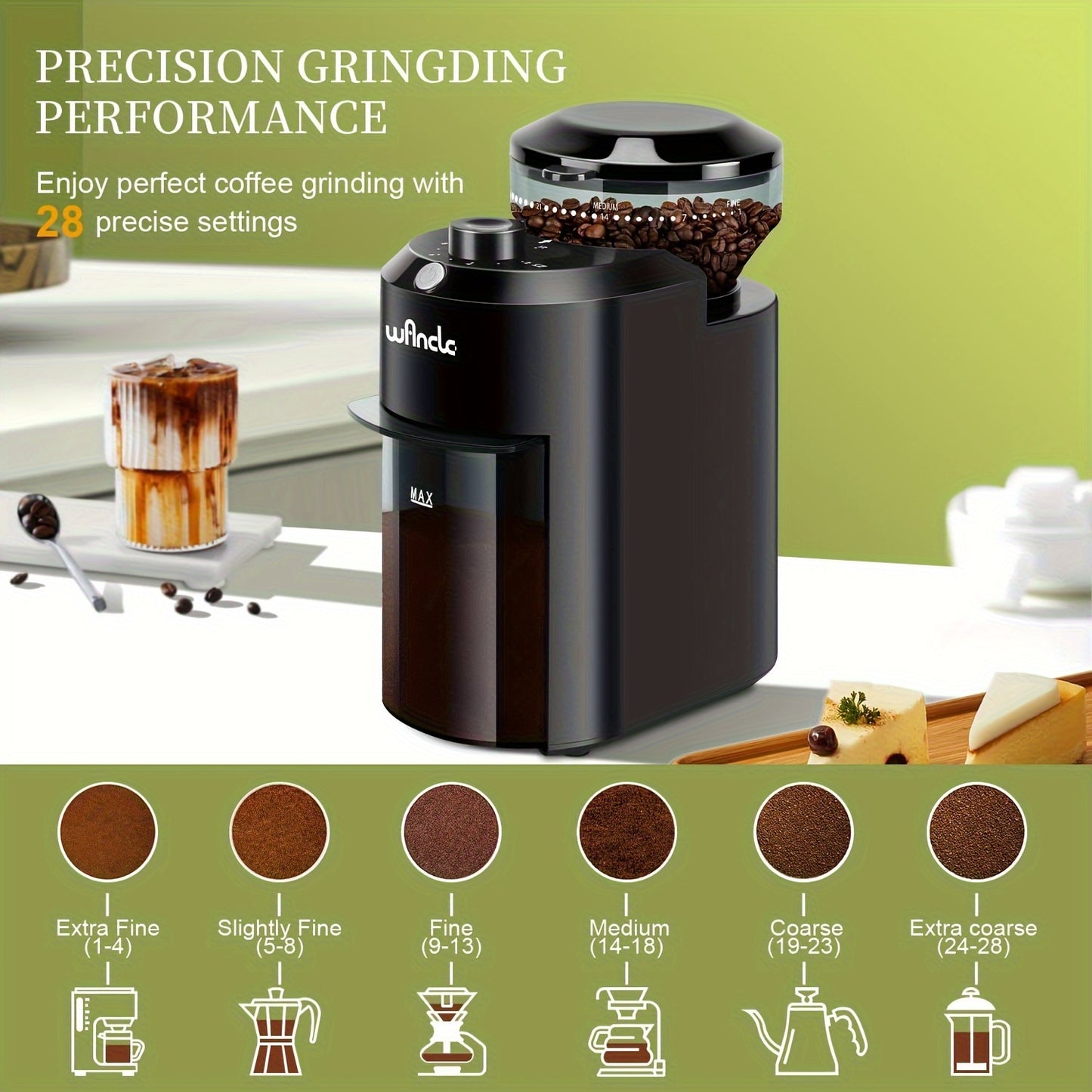 Professional coffee bean grinder with 28 adjustable precision grinding settings, perfect for making 12 cups of coffee.