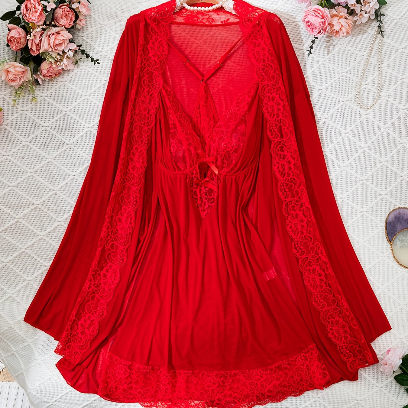 Elegant red lace-trimmed robe and slip dress set for women, semi-sheer with no padding.