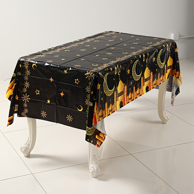 Eid Mubarak tablecloth for Islamic celebrations, featuring moon and star design in black and gold. 130x220cm machine-made plastic tablecover for Eid Al Adha and Ramadan Kareem parties.