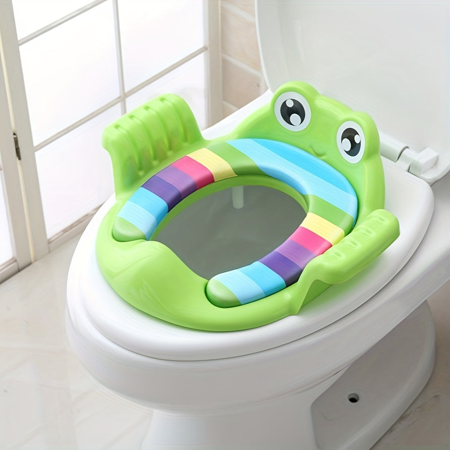 Portable potty training seat featuring adorable frog cartoon design, suitable for both boys and girls. Easy to clean and ideal for household toilet use.