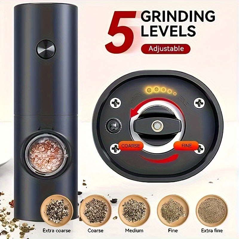 The Electric Pepper and Salt Grinder is made with food grade materials and features automatic grinding. The gear allows for easy control of the grain thickness. This set includes a battery powered stainless steel salt and pepper mill that is lightweight