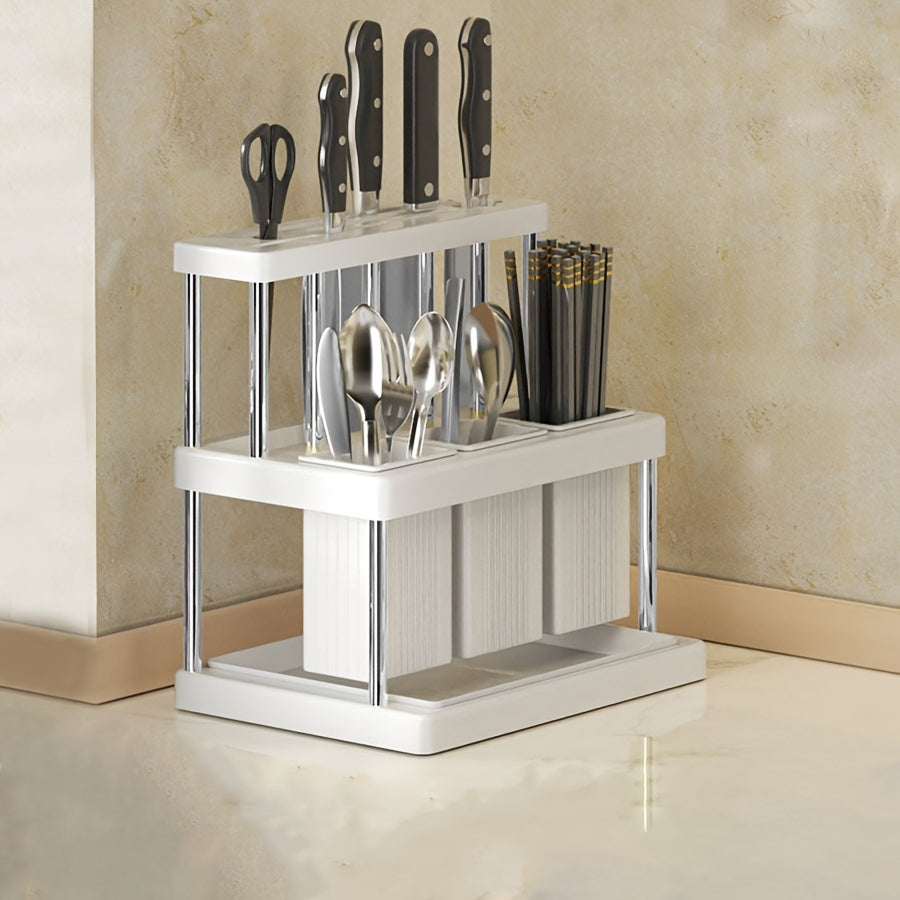 Knife and fork storage rack, with a slot for chopsticks, knives, spoons, and other kitchen accessories. Multi-functional countertop organizer for all your kitchen stuff.