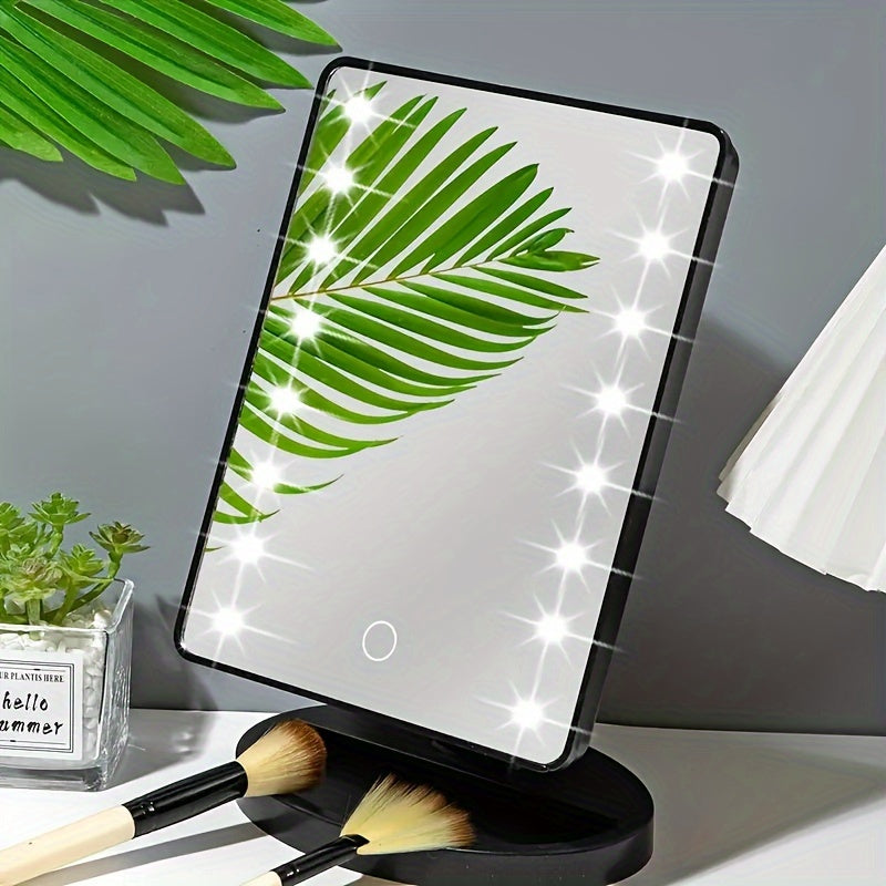 Portable makeup mirror with touch control and 3 levels of brightness, can be powered by USB or batteries, ideal for home and dorm use.