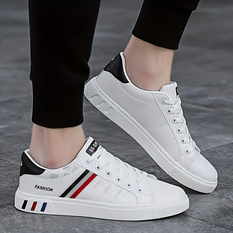 Men's casual sports style sneakers with solid & striped patterns, low top lace-up design, durable PU upper, fabric inner, PVC sole, and cloth insole for daily wear.